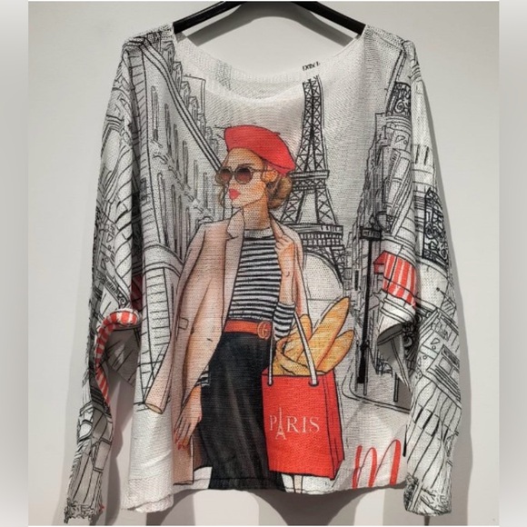 Sweaters - S739. Made in Italy Chic Parisian Graphic Women's Top